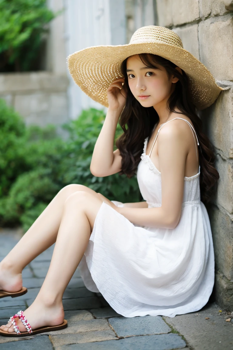 early summer、Two beautiful girls、sixteen years old、Wistful expression、White summer dress、sandal、Leprechaun、