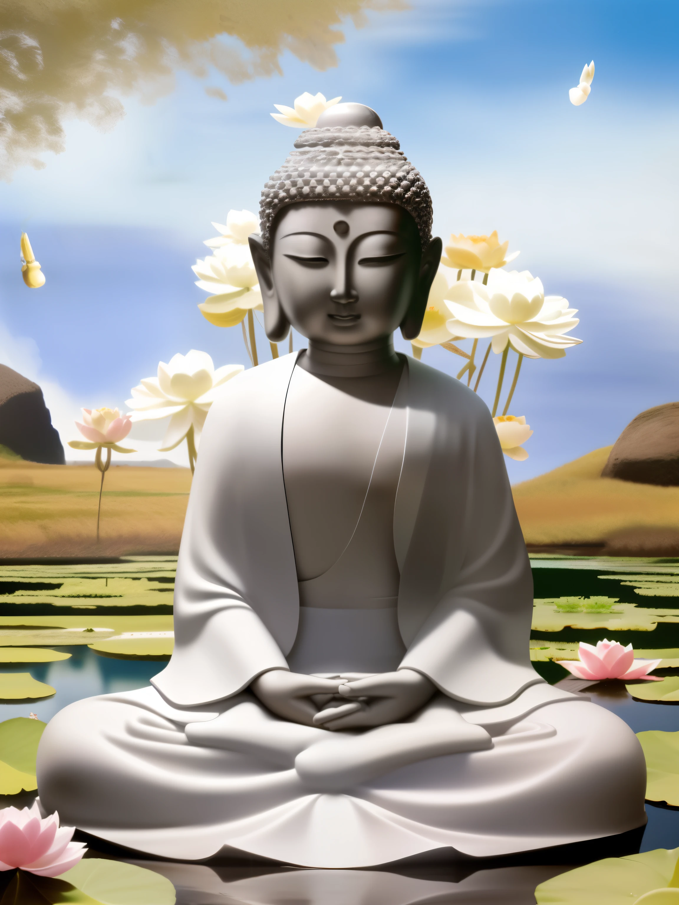 fo statue sitting in lotus position in front of a pond of water lilies, fo, , the fo, , Float in a powerful zen state, sitting on a lotus flower, A meditative, zen A meditative, A meditative, with a calm expression, Beautiful images, chill out expression, hindu stages of A meditative, zen feeling, chill out, praying A meditative, A meditative pose, lamplight