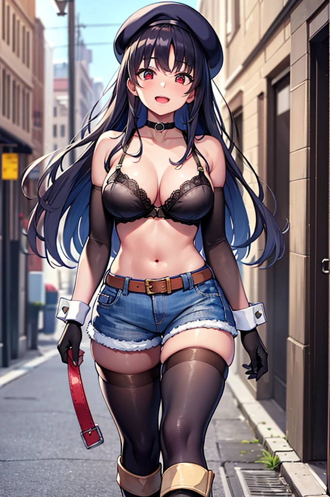 Highly detailed, High quality, masutepiece, 1 woman, walking down the street, Red eyes, Happy expression, Dark blue hair, Longhaire, Brown pantyhose that reach above the navel, high neck tube bra, Navel Bow Style, Denim shorts with cuffs, Ankle Boots, black belt choker, Blue beret, Brown long gloves made of stockings, Finger Sticking Gloves, Chest modest, Outdoors, A clear day.