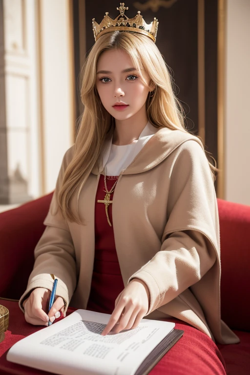 (Masterpiece: 1.2, Best Quality), Realistic, (Realistic Picture, Complex Details, Depth of Field), Best Quality, Masterpiece, Highly Detailed, Semi Realistic, 1 Girl, Mature Female, 21 Years Old, Blond Hair, Shoulder length Short Hair, Left Eye Covered with Hair, Blue Eyes, King's Clothes, Red Cloak, Slim Figure, Crown Made of Precious Gold, Reading Documents, Marking Documents, Goose Hair Pen, Office Table, Soft Bench, Palace, In the palace, during the Middle Ages