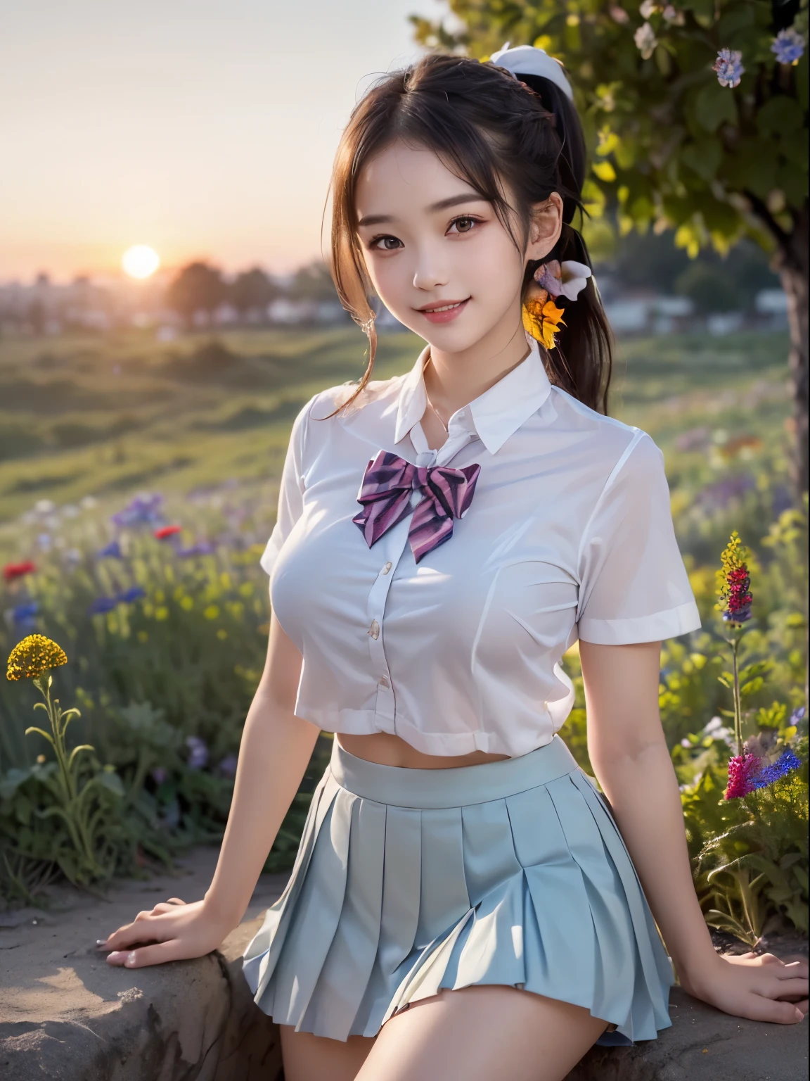 (1 young girl), ((Double ponytail hairstyle, (Highly detailed beautiful faces), Amazing faces and the most eye-catching qualities:1.4), (ultra - detailed), (extremely detaild的 CG unified 8k wallpapers), The is very detailed, High-definition RAW color photo, professional photoshooting, Realistic portraits, amazing face and eyes, a pink eyes, (high school school uniforms, Pleated mini skirt:1.3), ((high school school uniforms with open chest)), Models, Smile shyly, sitted, (((bokeh))), depth of fields, depth of fields, ((grassy fields, flower garden)), (Lots of wildflowers:1.5), evening, the sunset, (look from down:1.2),