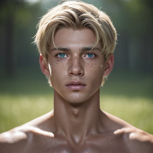 Create an image of a teenager with dark skin and blond hair, light grayish green eyes and freckles on his face and he has some bandages on his face, he has a look of fear and stillness. He&#39;s naked in style: Fantasty 3D