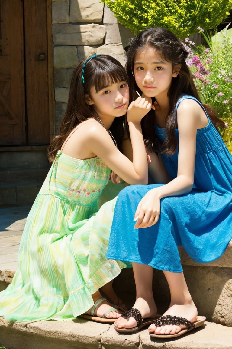 early summer、Two beautiful girls、、Wistful expression、color summer dress、sandal、Leprechaun、