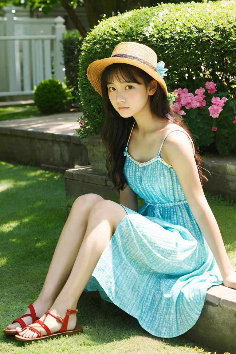 early summer、Two beautiful girls、、Wistful expression、color summer dress、sandal、Leprechaun、