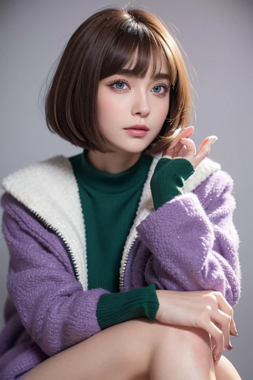 Girl, brown hair, bob haircut, with bangs, purple snow jacket with green sweater inside, hands crossed, slightly serious expression, big eyes, white gloves, blue eyes,