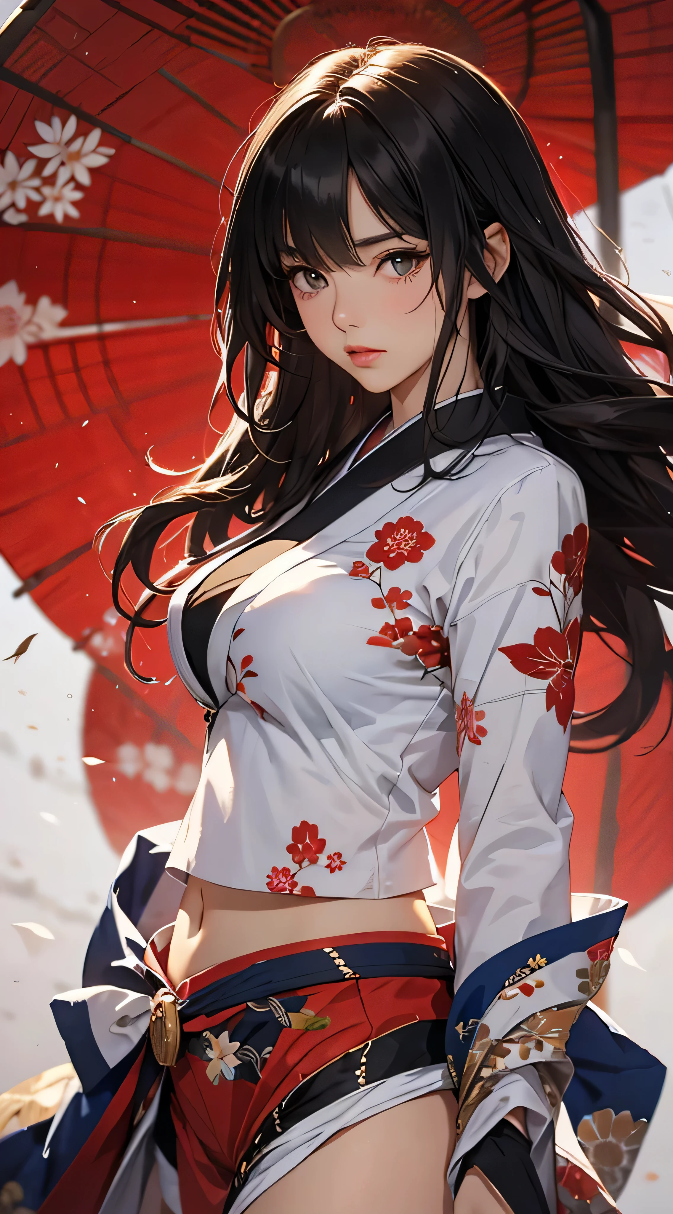 ((8k wallpaper of extremely detailed CG unit, masterpiece, hight resolution, top-quality, top-qualityのリアルテクスチャスキン)), (a very beautiful woman, Seductive look, Plump lips, The upper part of the body, Hands in pockets:1.5, Japanese pattern micro mini shorts:1.2, Japanese pattern haori:1.2, Clothes that are a fusion of Japanese and modern:1.2), (A dark-haired, hair messy, de pele branca, small tit), ((Colorful background with geometric patterns, Japanese pattern background, warm color)), (Composition from the side, hyper realisitic, digitial painting),