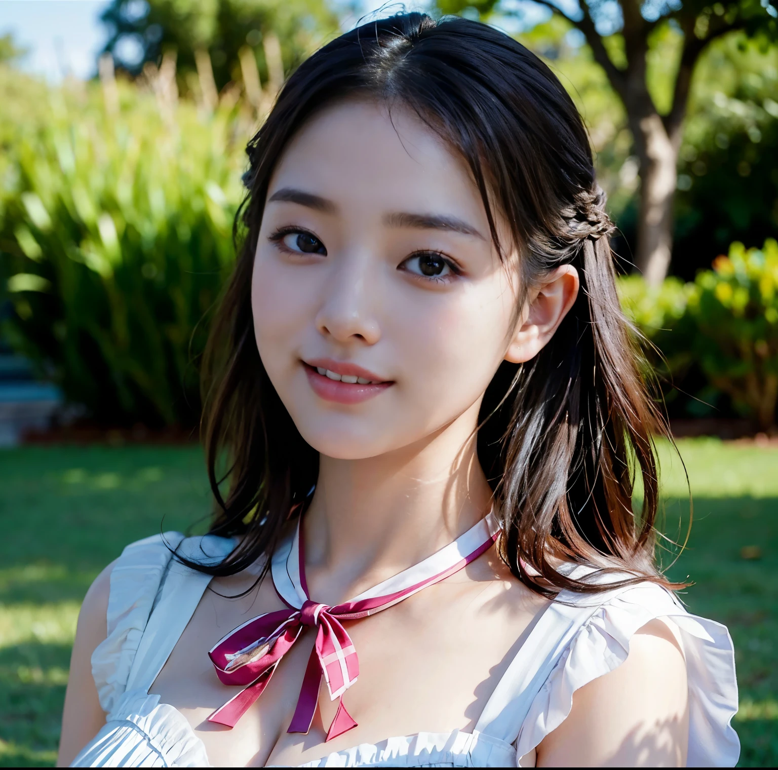 (quality、masterpiece)、(Realistic lighting with shadows)、The file size is huge、A high resolution、Elegant、Realistic、intricately details、(Perfect depiction of human anatomy)、1 plus size girl))、she is a teenage girl、((Beautiful light brown eyes，with shiny highlights))、Her charming little thin lips、No lipstick, Sin embargo、it is shiny、black hair blowing in the wind、 Backlit Half Up Braid、High school girl wearing summer clothes、Clothes should be neat and clean shirts.、The color is white。、Wearing a crimson ribbon tie。Too tight for her big shirt、Powered by all powerful buttons。、plaid mini pleated skirt((The girl&#39;s breasts are not exposed at all))but、very huge big breasts、is very beautiful、Looks like a school goddess。This photo was taken from the front.(This is a photo of a smile，looks like a wonderful flower in full bloom。