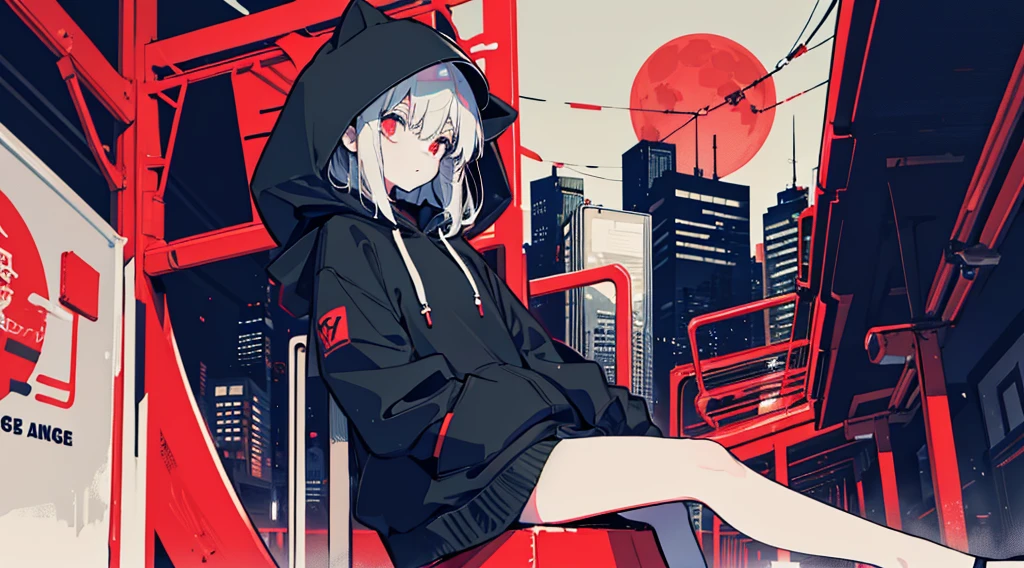 (a girl wearing a hood and a mask, big black hoodie, hands on hoodie, bare legs), (abandoned amusement park, late night, red moon), (low contrast, flat color, limited palette)