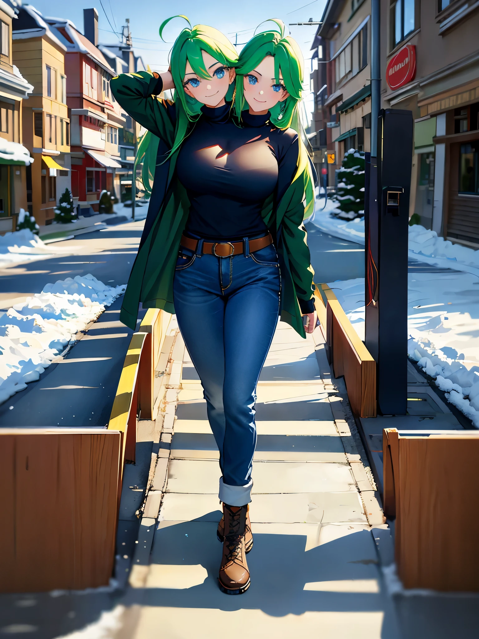 (masterpiece, best quality), best resolution, (2heads:1.5), 1girl, green hair, blue eyes, relaxed, smiling, black coat, blue jean pants, walking, suburban sidewalk in winter, no snow, dynamic angle from below