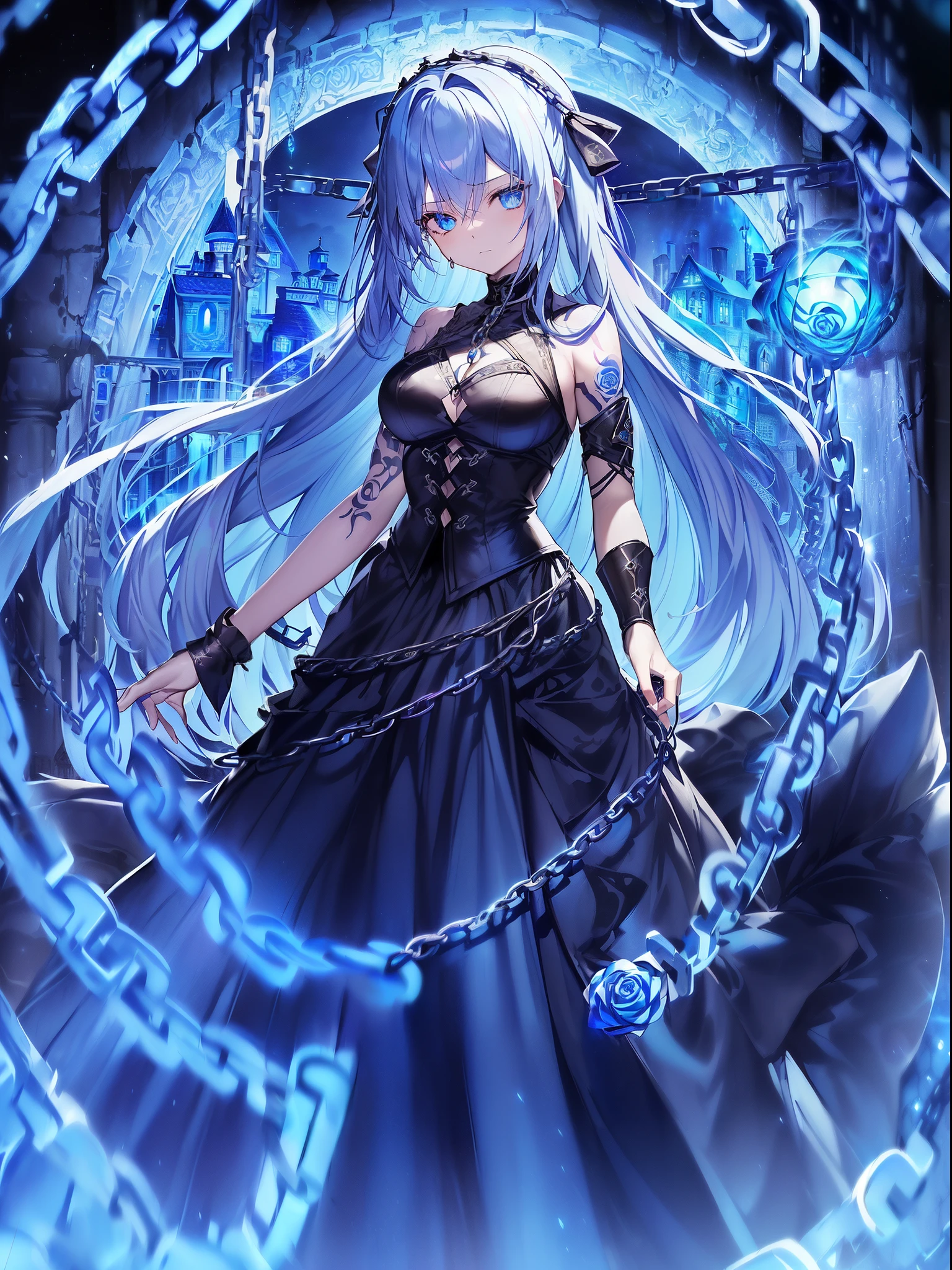 top-quality、Top image quality、​masterpiece、girl with((18year old、dark outfit、prisoner、 Best Bust、Bust 85、a blond、Semi-long、Blue eyes、open chest wide、Valley、Happiness、A slender、Provocative behavior、Evil face、Handcuffed、High laughter、Skull Tattoo、Tattoo of roses、Targeting your audience、Tighten blue rose hair、Black aura,Dark Forces,blue flames、Chain Accessories)）hiquality、Beautiful Art、Background with((prison、Dark impression、House of Darkness、many chains))、masutepiece、Elaborate design、visualart、dark art