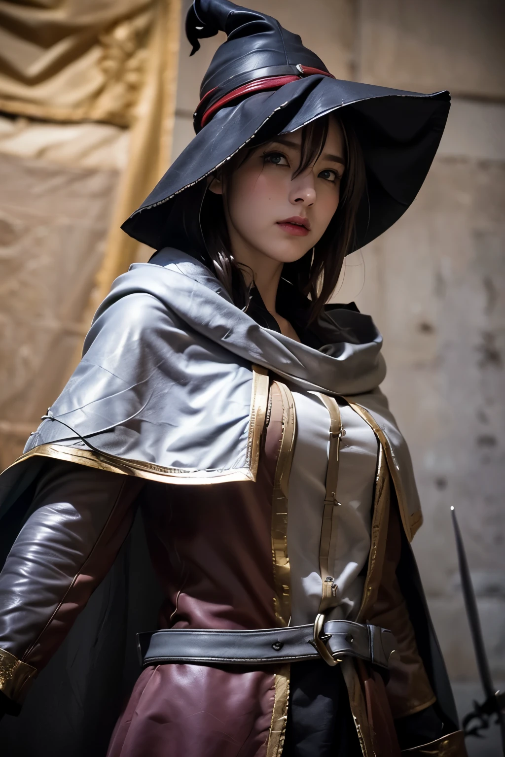 tmasterpiece,Best quality,A high resolution,8K,((Portrait)),((Head close-up)),Original photo,real photo,digital photography,(Female wizards in the medieval fantasy world view),(The Witches of Medieval Fantasy),20岁女孩,((Short White Hair)),((The eyes are red,The eye of the devil), jewelry,Keep your mouth shut,Beautiful Elegant,(Be shy, blush),haughty,Noble and charming,(Leather Armor,A fantasy combat suit,Cloak,Triangular hat,A magnificent robe,Delicate patterns of magic),Law formation,(The Devil's Body),Cloak,Angle,Devil,(Witch),Photo pose,medieval characterantasy style,indoor background,oc render reflection texture