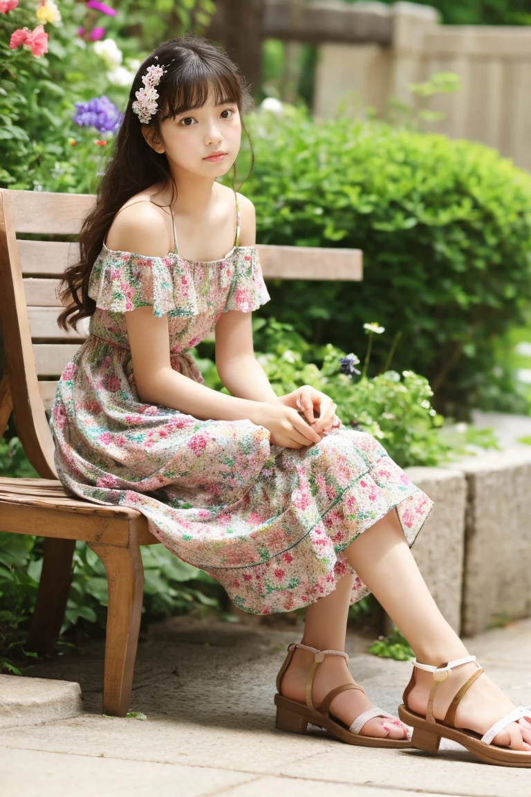 early summer、Two beautiful girls、18year old、Wistful expression、color summer dress、sandal、Leprechaun、florals、