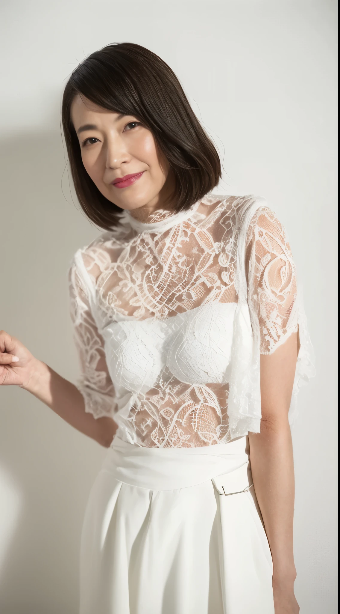 (((Solo))), Obscene look, Pure white background, gravure, facing front, ((Center the screen)), Wear a slip, Correctly depict lips,red-lips, Fancy makeup, from the chest up, masuter piece, Best Quality, Ultra-detailed, Photorealistic, Ultra-detailed細なスキン, Perfect Anatomy, (1 japanese mature woman), (Positive), 95 years old, Tremendous big, fashion modell, glamor, A sexy, Chromo-white skin, Looking at Viewer,
