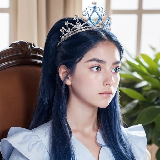 A 13-year-old girl with wavy hair tied in a ponytail is as blue as the sky, your skin is extremely pale and your eyes, eyebrows and eyelashes are blue. She is sitting on a throne with a big crown on her head and looks serious and determined. In Fantasty 3D style
