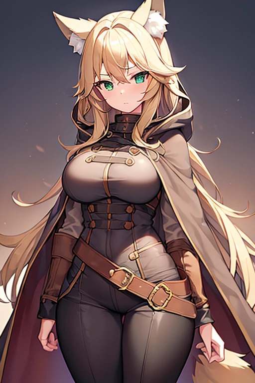 1girl, breasts, large breasts, wide hips, blonde hair, long hair, wolf ears, wolf tail, cloak, brown cloak, brown hood, hood, hood down, white shirt, black pants, green eyes, belt, serious