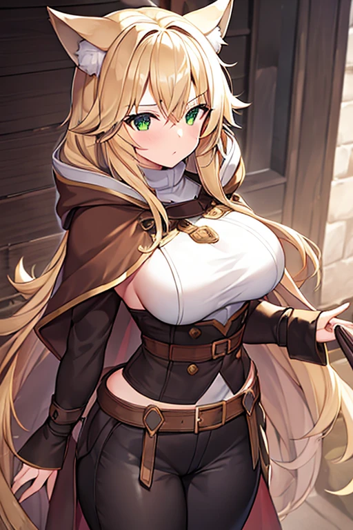 1girl, breasts, large breasts, wide hips, blonde hair, long hair, wolf ears, wolf tail, cloak, brown cloak, brown hood, hood, hood down, white shirt, black pants, green eyes, belt, serious