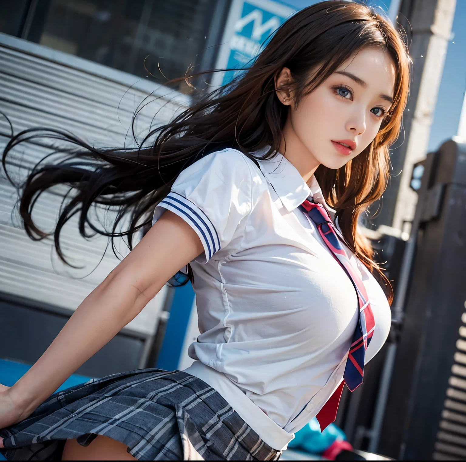 (Best quality at best, tmasterpiece), (actual lighting with shadows), The file size is huge, A high resolution, Elegant, actual, Complicated details, (Perfect depiction of human anatomy), one busty girzing extra big breasts beautiful bright blue eyes, she is a teenage girl, Her black hair is dancing in the wind,Sparkles in the backlight, She is wearing a schoolgirl's summer uniform, The uniform is pure white, the shirt is a crimson ribbon tie, and the skirt is a plaid pleated miniskirt.. Although the girl's breasts are not exposed at all, You can clearly see her very big. she looks very beautiful,She looks like a school goddess. Front and back photos taken from all directions,
