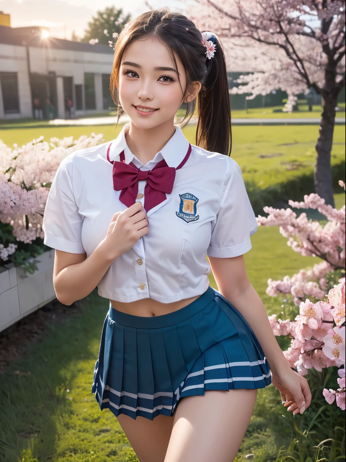 An innocent and cute -year-girl h double ponytails, style, laughing happily, wearing cute white stockings and school uniforms, embellished with animal hangings. Look into the camera,