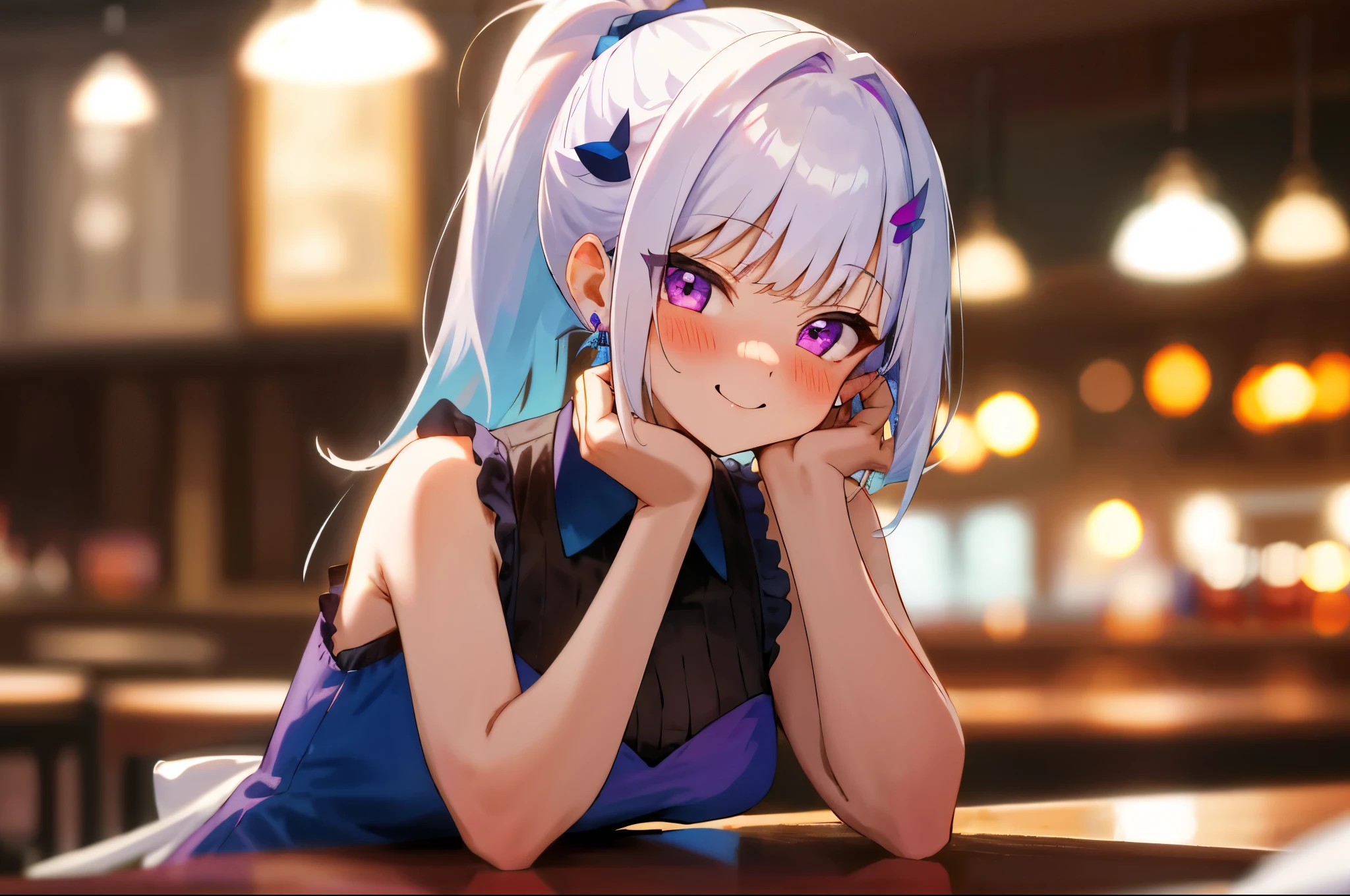 One girl with high ponytail hair, bangs, white hair, blue inner hair:1.25) , purple eyes, looking at viewer, blushing, little smile, indoor, cafe, table, sitting, sleeveless dress, earrings, mid-chest, night atmosphere, hair ornament, medium breasts, upper body, focus, blurry background, food, hands in face