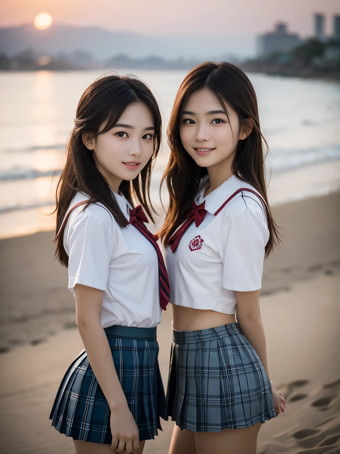 (2 girls:1.3), (Highly detailed beautiful faces), Amazing faces and the most eye-catching qualities:1.4), (ultra - detailed), (extremely detaild的 CG unified 8k wallpapers), The is very detailed, High-definition RAW color photo, professional photoshooting, Realistic portraits, amazing face and eyes, a pink eyes, (high school school uniforms, Pleated mini skirt:1.3), double-bun, Brown hair, Models, Smile shyly, depth of fields, sea beach, evening, the sunset,