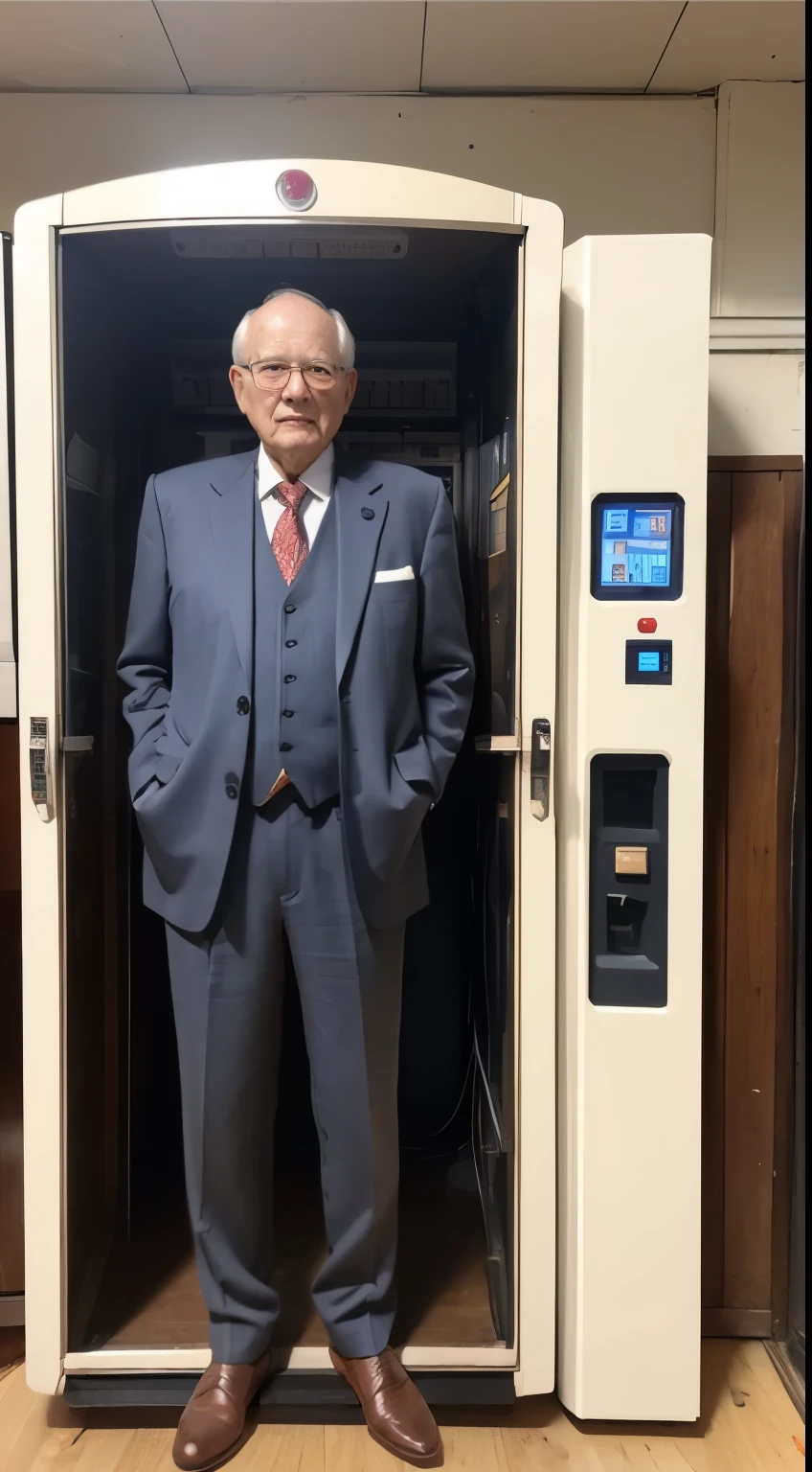 white male、70yo、A old man、suits、wooden vending machine、top-quality、Top image quality、70's、vending machine developer、Americana