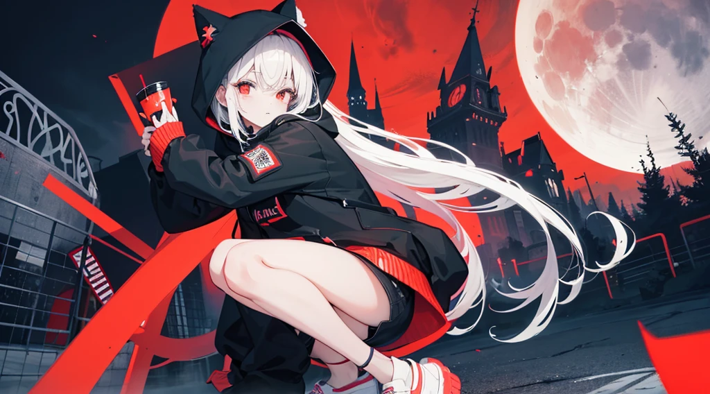 ((masterpiece, best quality, extremely detailed CG, unity 8k wallpaper,anatomically correct,ultra resolution)),Award-winning photography,(best illumination,Very Delicate and Beautiful),(one girl,solo,:1.5),(Vampire:1.45),silver hair,(twintails:1.2),glowing red eyes,(pale skin:1.45),(extremely beautiful and detailed face:1.2), (extremely beautiful and detailed eyes:1.2),perfect hands,delicate legs,((bat hair ornament)),(graceful,fashion),pointy ears,((Down Jackets:1.4,trousers,nike sports shoes,black leather gloves,scarf,hood)),looking at viewer,crossed arms,head tilt,(morbid smile:1.3),dark persona,evil,(cute:1.5),((night, dark atmosphere, dark theme, darkness:1.5)),dramatic shadows,(dimly lit:1.5),blood on face,blood on floor, blood on walls,(blood mist,blood splash:1.4),depth of field,(Bustling city:1.2,snow:1.3),cloudy sky,snowing,skyline,(perfect human body structure with maximum precision)