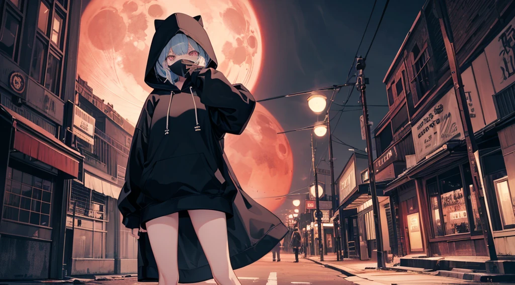 (a girl wearing a hood and a mask, big black hoodie, hands on hoodie, bare legs), (abandoned amusement park, late night, red moon), (low contrast, flat color, limited palette)