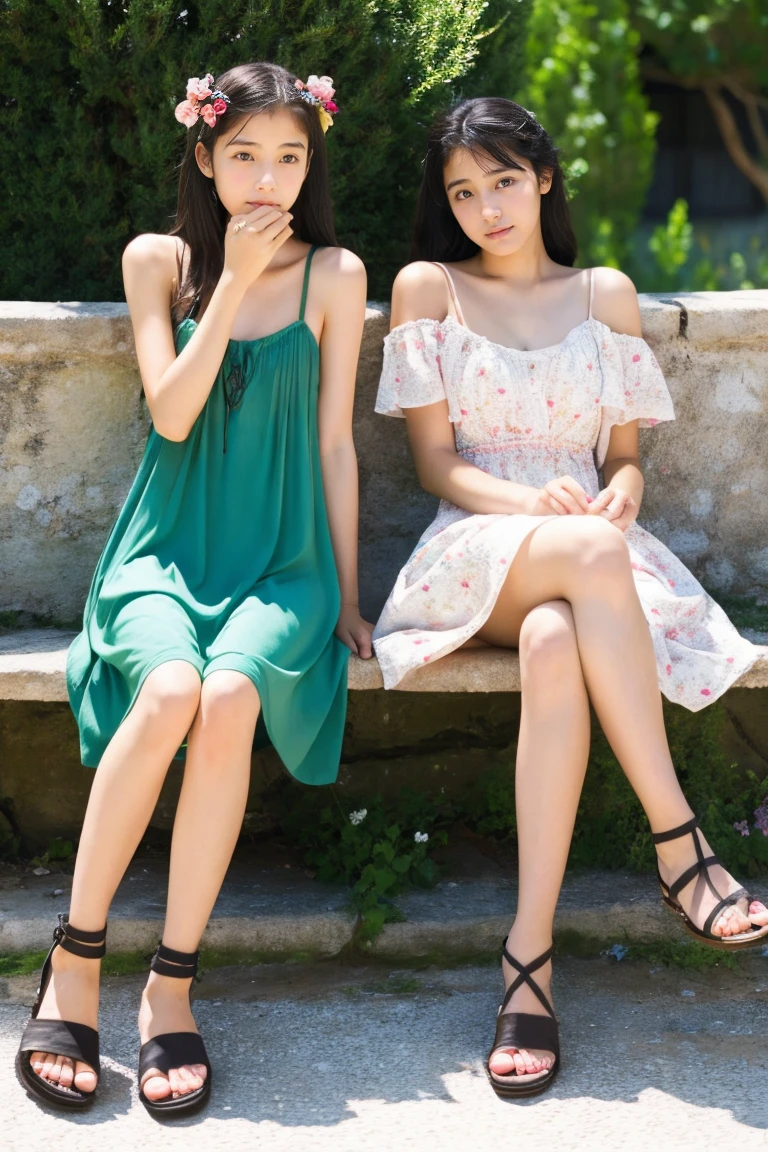 early summer、Two beautiful girls、18year old、japanes、A dark-haired、Wistful expression、color summer dress、sandal、Leprechaun、Provence region