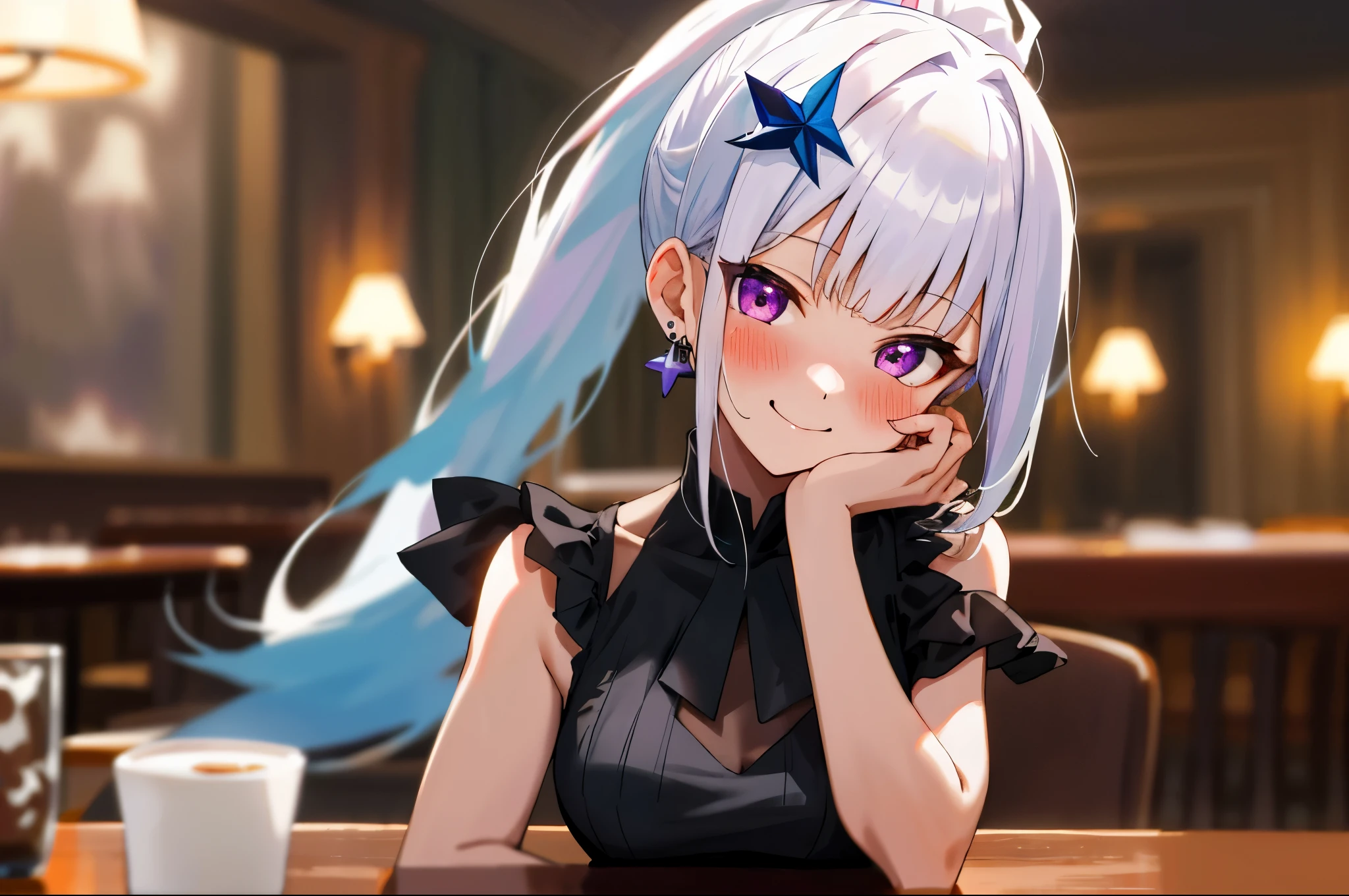 One girl with high ponytail hair, bangs, white hair, blue inner hair:1.25) , purple eyes, looking at viewer, blushing, little smile, indoor, cafe, table, sitting, black sleeveless dress, earrings, mid-chest, night atmosphere, hair ornament, medium breasts, upper body, focus, blurry background, hands in face