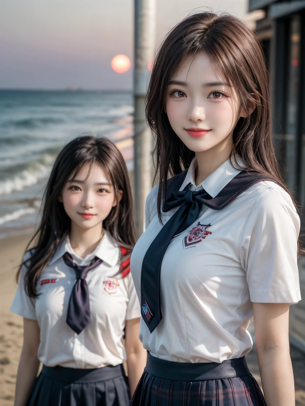 (2 girls:1.3), (Highly detailed beautiful faces), Amazing faces and the most eye-catching qualities:1.4), (ultra - detailed), (extremely detaild的 CG unified 8k wallpapers), The is very detailed, High-definition RAW color photo, professional photoshooting, Realistic portraits, amazing face and eyes, a pink eyes, (high school school uniforms, pleatedskirt:1.3), Brown hair, Models, Smile shyly, depth of fields, sea beach, evening, the sunset,