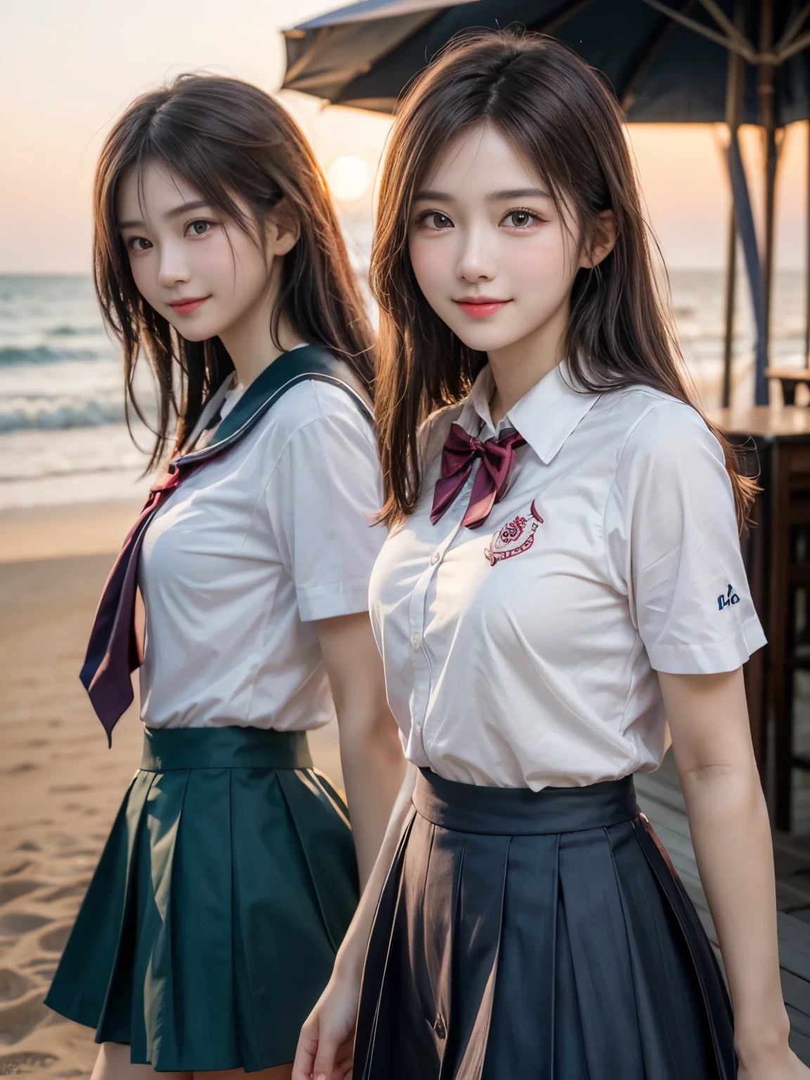 (2 girls:1.3), (Highly detailed beautiful faces), Amazing faces and the most eye-catching qualities:1.4), (ultra - detailed), (extremely detaild的 CG unified 8k wallpapers), The is very detailed, High-definition RAW color photo, professional photoshooting, Realistic portraits, amazing face and eyes, a pink eyes, (high school school uniforms, pleatedskirt:1.3), Brown hair, Models, Smile shyly, depth of fields, sea beach, evening, the sunset,