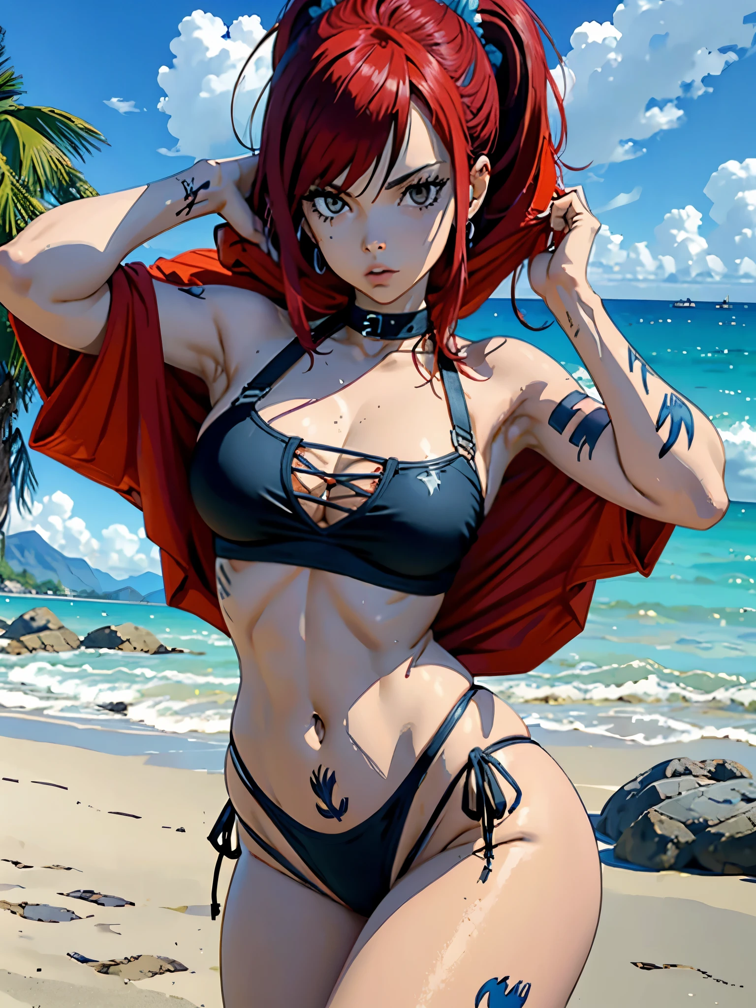 una chica punk, cabello rojo, Pose sexy, cuerpo tatuado, tatuadas. bikini de cuero, chaqueta de cuero negro, Al sol, Tiempo nublado, 4k