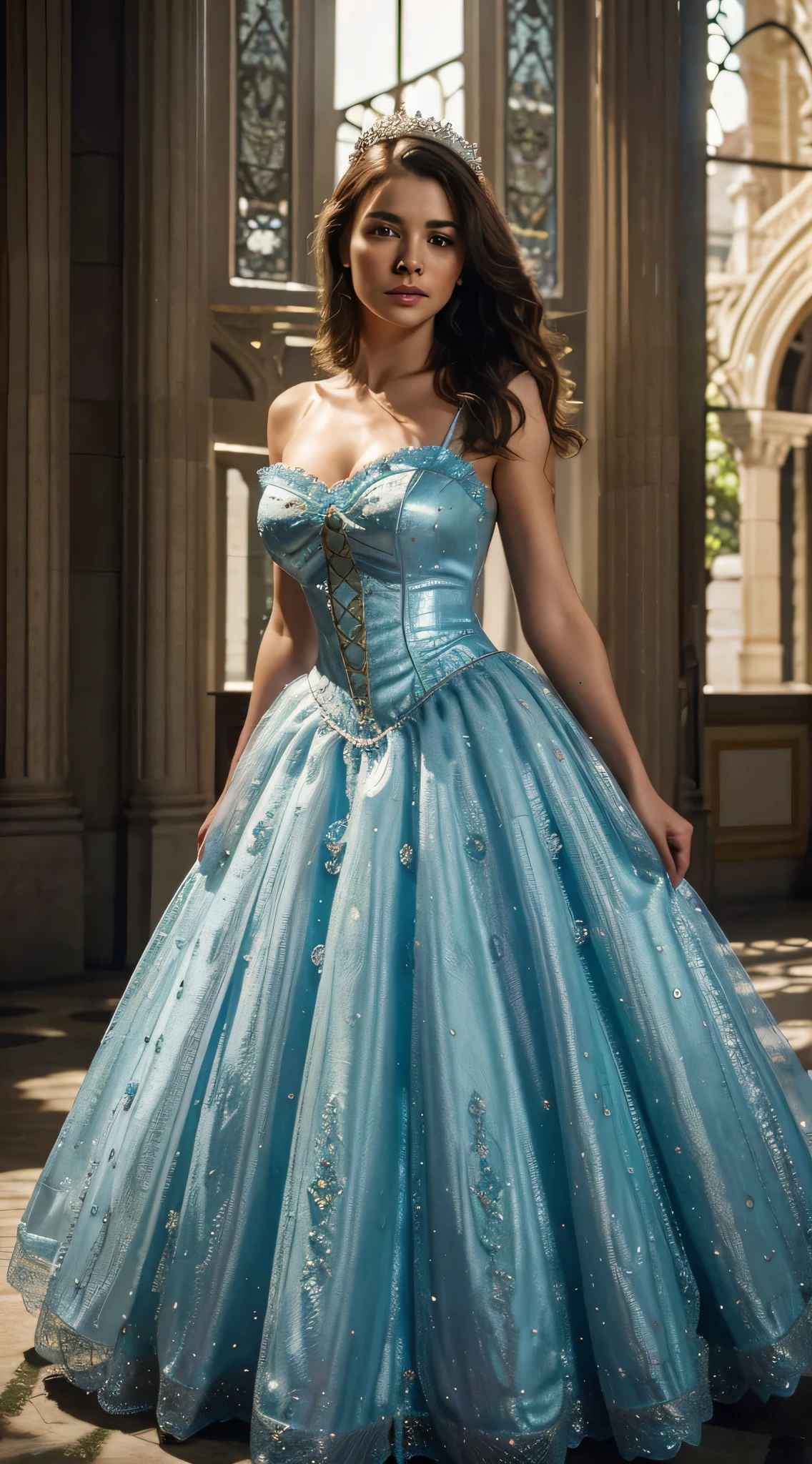 This prompt showcases a realistic, cinematic, high-definition (HD), 4K image of a beautiful 25-year-old woman gracefully adorned in a Cinderella gown. The image is captured using a professional Canon camera to ensure exceptional quality. The background is meticulously chosen to complement the overall aesthetic of the scene. Enjoy the visual delight