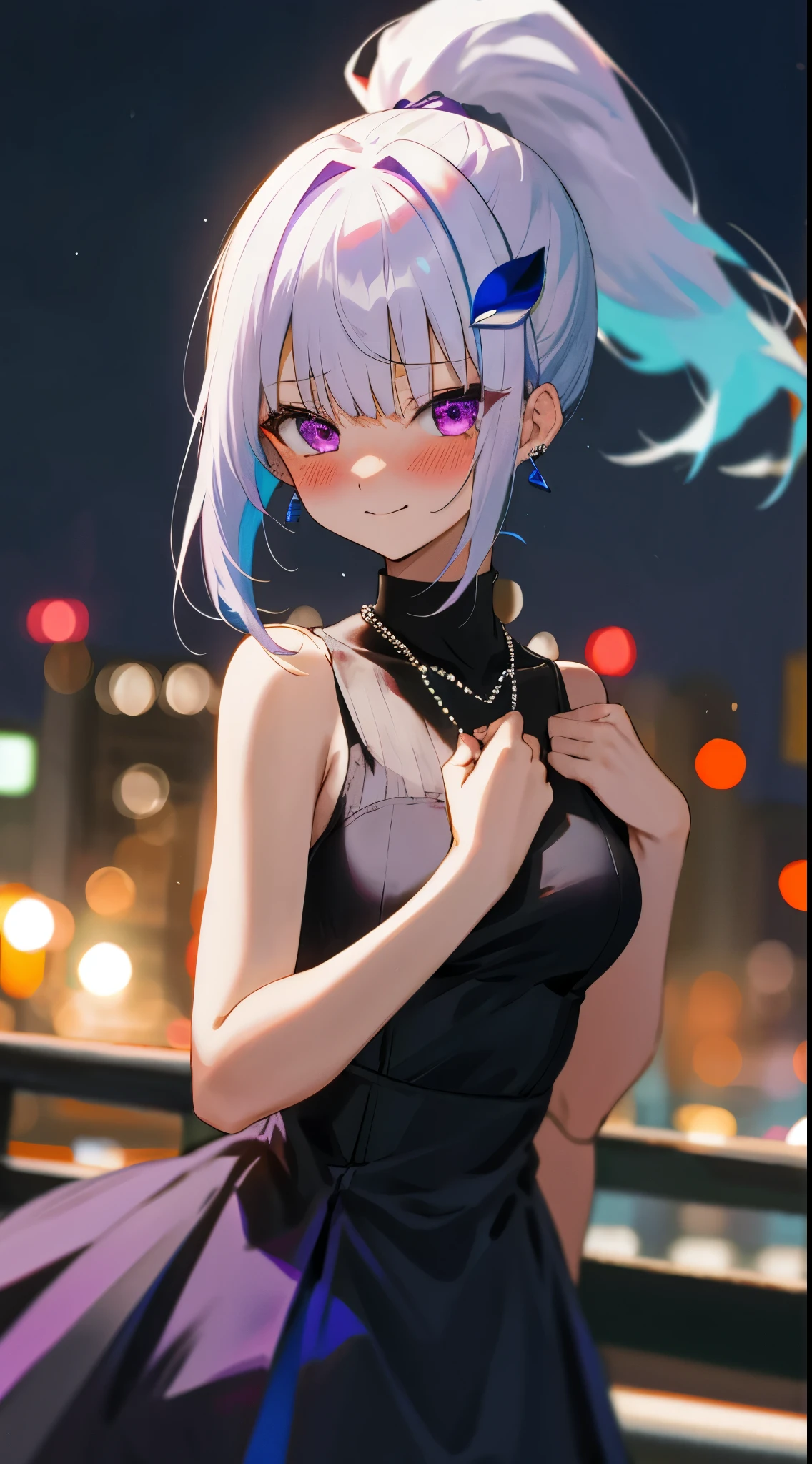 One girl with high ponytail hair, bangs, white hair, blue inner hair:1.25) , purple eyes, looking at viewer, blushing, little smile, tears, black sleeveless dress, bare hands, outdoor, earrings, dating, standing, necklace, citylight, dizzy, mid-chest, night atmosphere, hair ornament, medium breasts, upper body, focus, blurry background