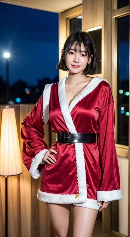 (8K、Raw photography、top-quality、masuter piece:1.2)、ultra-detailliert、ultra res、(realisitic、realisitic:1.37)、portlate、high-definition RAW color photography、Professional Photography、ighly detailedで美Right、ighly detailed、8K Wallpapers、amazing detailed、huge filesize、Official art、ighly detailedなCG Unity 8K壁紙、ighly detailedな美少女、ighly detailedな顔、ighly detailedな目、ighly detailedな肌、ighly detailedな指、ighly detailedな鼻、ighly detailedな詳細な口、Perfect Anatomy、细致背景、(Santa Claus Costume、no-bra、Academy Award)、Santa Claus red clothes、1人、(20:1.2)、in her 20s、Cute litrealisiticなボディ、小柄、de pele branca、glistning skin、Slim body、Handsome body、A dark-haired、short-hair、(bluntbangs: 1.2)、A smile、kawaii、zora々Right、kawaii顔、realisiticな顔、Delicate eyes、Sauce order、耳环、Looking at the camera、front facing、standing athletic pose、full body Esbian、动态照明、Huge breasts、Pose Seductive、night illumination