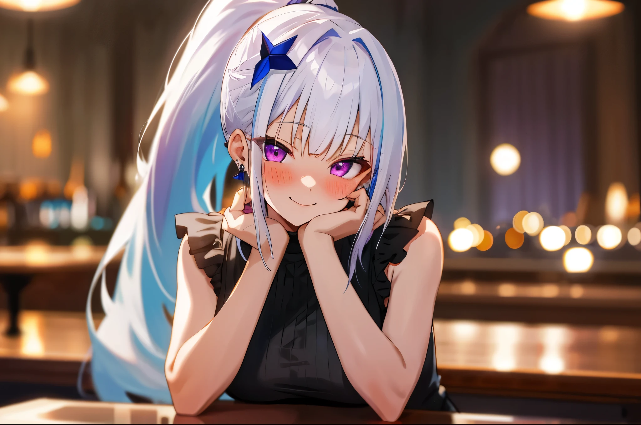 One girl with high ponytail hair, bangs, white hair, blue inner hair:1.25) , purple eyes, looking at viewer, blushing, little smile, indoor, cafe, table, sitting, black sleeveless dress, earrings, mid-chest, night atmosphere, hair ornament, medium breasts, upper body, focus, blurry background, hands in face