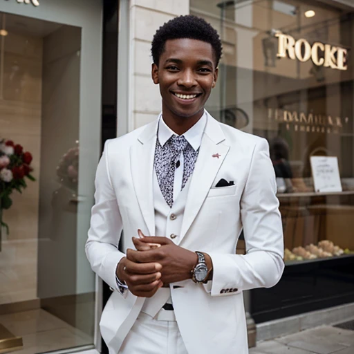 Skinny black man wearing full white a suit with roses in hands wearing a watch in front of a shop, very short hair smart looking,dark brown skin,teen, smiling