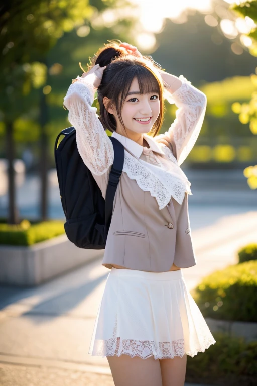 (((masterpiece))), (One beautiful Japan girl, classmates, landscape and innocence,kawaii) ,超A high resolution, Realistic, ultra-detailliert, 8K,top-quality, Extremely detailed, Detailed background,A slender,very beautiful japanese girl, Detailed face:1.3), (Boyish short-haired,A dark-haired :1.4), (a ,kawaii系,adorable 14 year oPerfect body:1.1), (Brown blazer, Light brown pleated mini skirt), The best smile,Please show me your beautiful teeth,Super Detailed Face、Detailed lips、A detailed eye、small gravure idol,Transparent skin、Lori,Japanese high school uniform with the school emblem on the chest,Carrying a backpack,((The wind blows and the skirt flips up, A glimpse of white lace panties)),Hair swaying in the wind,smil,TOKYOcty、The background is the city at night,I can see the illumination,Neutral Lighting,posterior view、Enlarge the buttocks、Looking up from the ground,あなたのPlease show me your beautiful teeth、 playful pose, natural beauty,Warm tones
