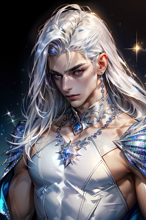 (absurdress, Masterpiece, Best Quality), ((1guy)), male, male face, Attractive, Piercing gaze, muscular, (sparkly skin, shiny body, Блестящая жирная sparkly skin, Shiny hair), perfect detailed face, a handsome ! (a closeup of a)