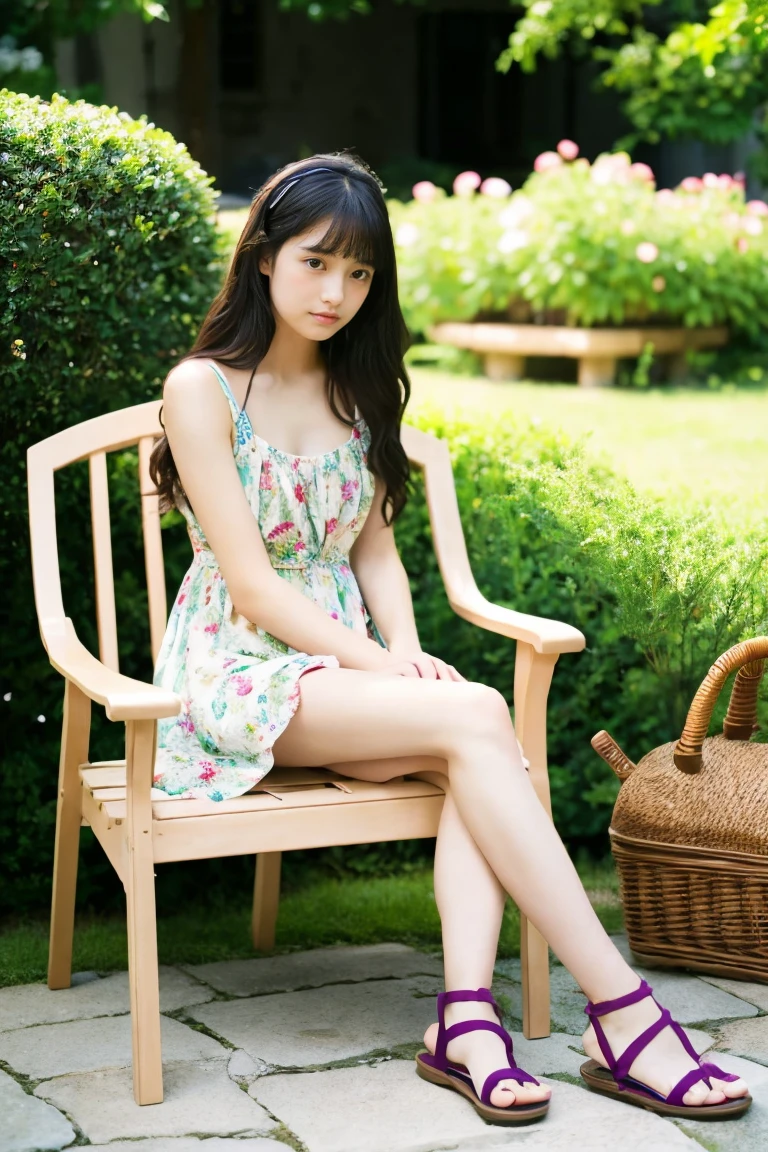 early summer、a beauty girl、18year old、japanes、A dark-haired、Wistful expression、color summer dress、sandal、Leprechaun、Provence region、Garden chair、