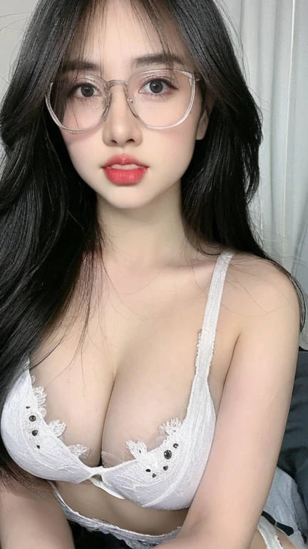 (realistic, high resolution:1.3), 1 girl with perfect figure, glasses, smile,(((lips piercing:1.4))), ((pale white skin:1.3)) ,(((gigantic breasts:1.4))), looking at viewers, super fine face and eyes, long hair, white transparent lace veil: 1.2 , in bedroom, sit on the bed, , exposed cleavage, upper body, half body