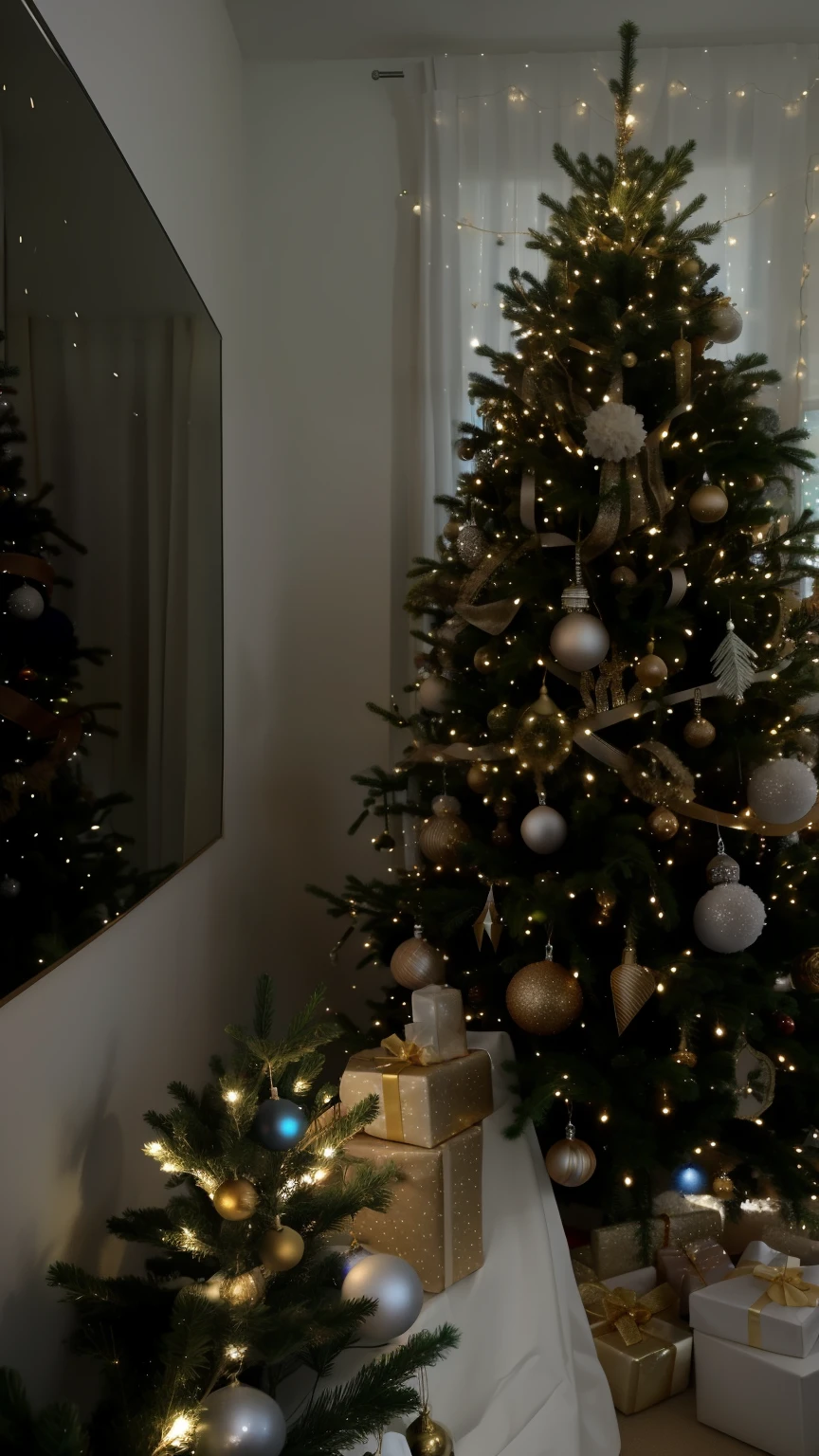 there is a Christmas tree with white ornaments and lights in a room, Christmas tree, 🌲🌌, holiday vibe, 8k)), with glowing lights at night, with a tree in the background, with a tall tree, Noite de Natal, sombrio e realista, com muitos ornamentos finos, imagem de perfil, a beautiful tree, decorations, tree in the background