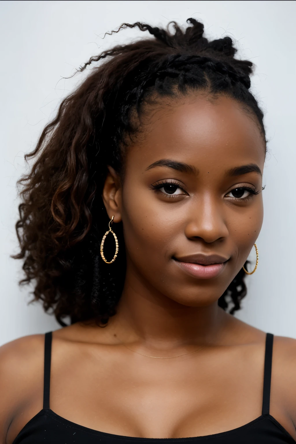 Femme africaine de 20 ans, riant, cheveux de noir arc-en-ciel, fond noir,