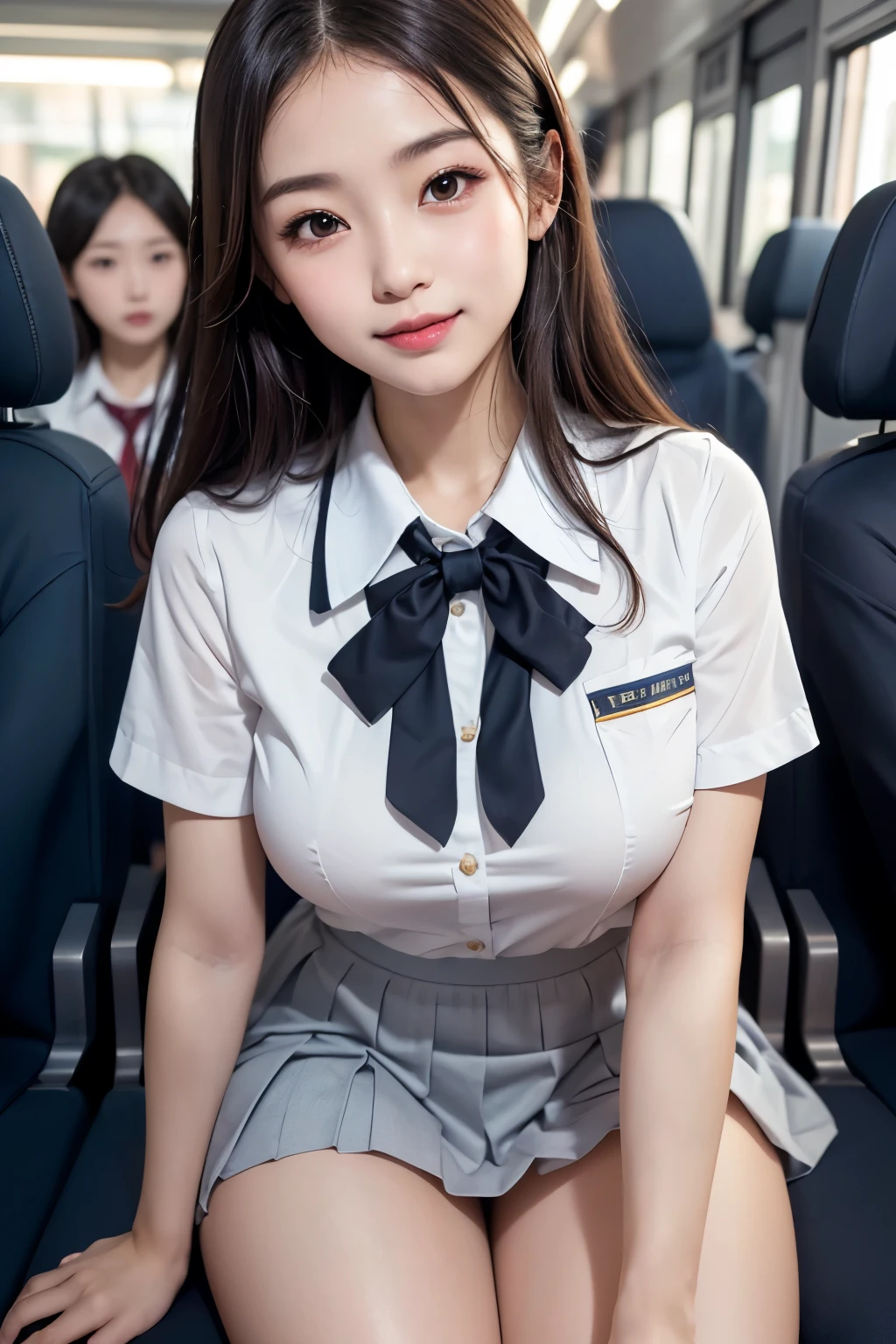 highest quality, masterpiece, 8k, ultra high resolution, (realistic: 1.4), 1 girl, beautiful face, symmetrical eyes, big, perfect body proportions, stewardess uniform, the gaze of the beholder, (Inside the airplane: 1.2), Front view, Shoulder jumps, Absolute area (1.3),