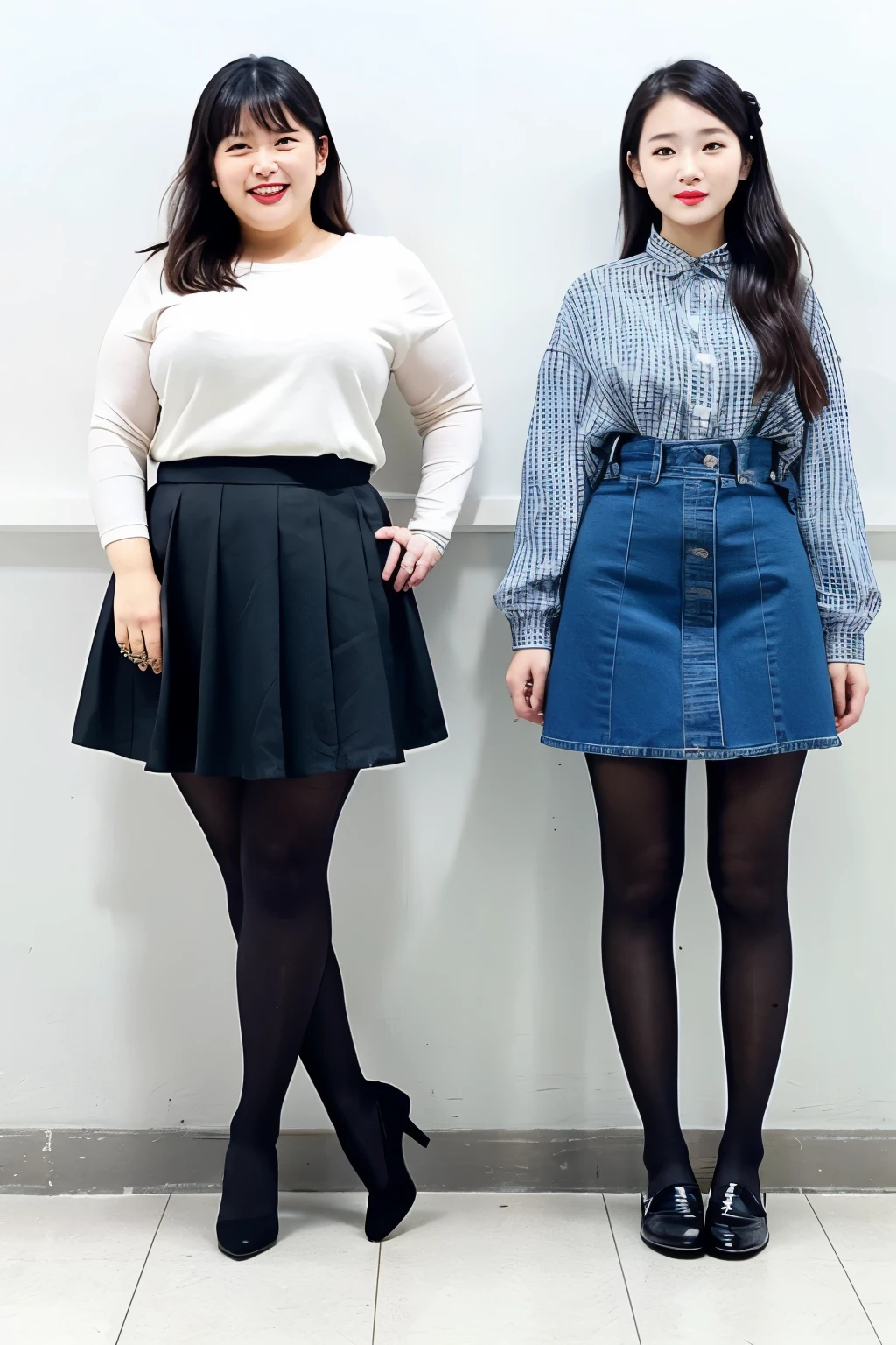 The first of the two women is cute and has great style.、The second person wearing a skirt and black tights is fat and ugly.、long denim