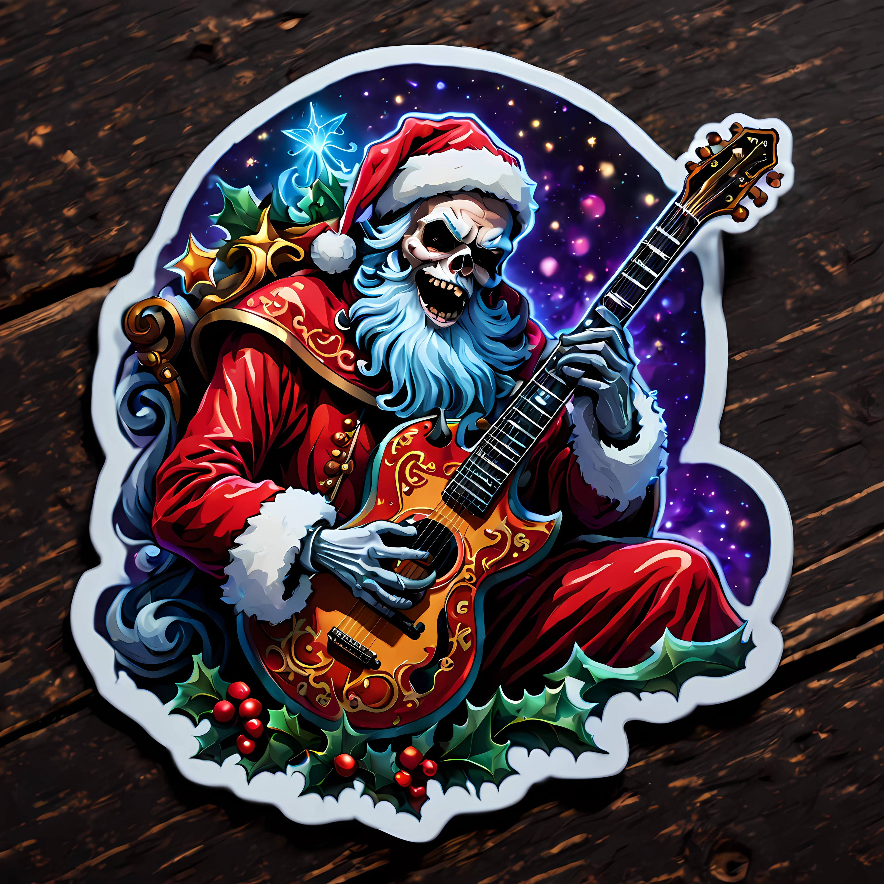 (Top-down view of a sticker lying on a table). | Masterpiece in maximum 16K resolution. | A sticker of a majestic ((sinister Lich Santa)) with skeletal face plucking the strings of his electron guitar. | Vibrant ribbons of glowing colors, radiating ((intense magical energy)) that illuminates the scene. | (Gothic Christmas allure). | More_Detail