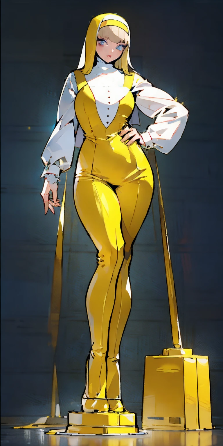 (Best quality, 4k, Masterpiece :1.3), full body standing symmetrical beautiful woman, hyper realistic, 1girl, nun outfit, yellow sunglasses, muscular turned arms behind body