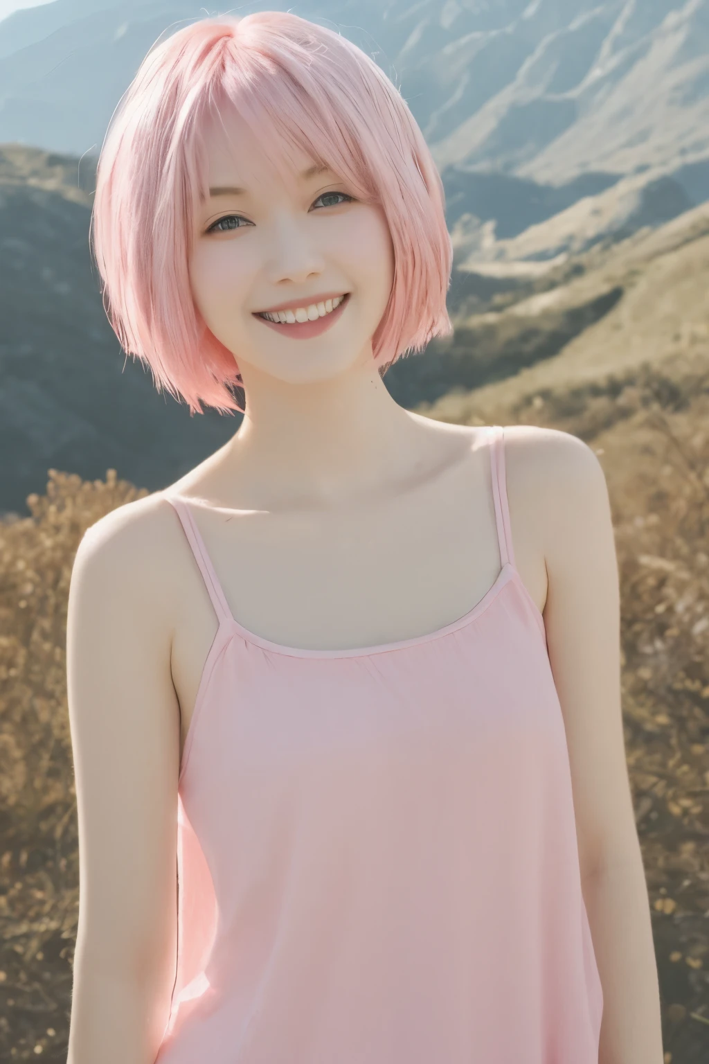 masterpiece, 1girl, solo, high resolution, soft lighting, cinematic angle, slender, slim, beautiful eyes, pretty face, 18 age, smile,
(short hair:1.3), hair to shoulder, (pink hair:1.3),
 full body, mountain, outdoors, sunny day