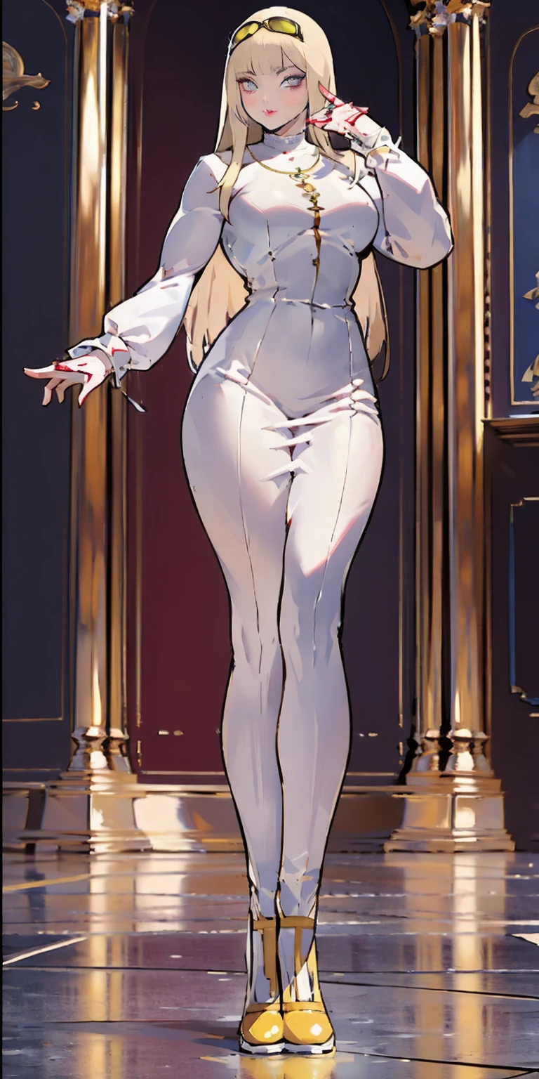 (Best quality, 4k, Masterpiece :1.3), full body standing symmetrical beautiful woman, hyper realistic, 1girl, nun outfit, yellow sunglasses, muscular turned arms behind body