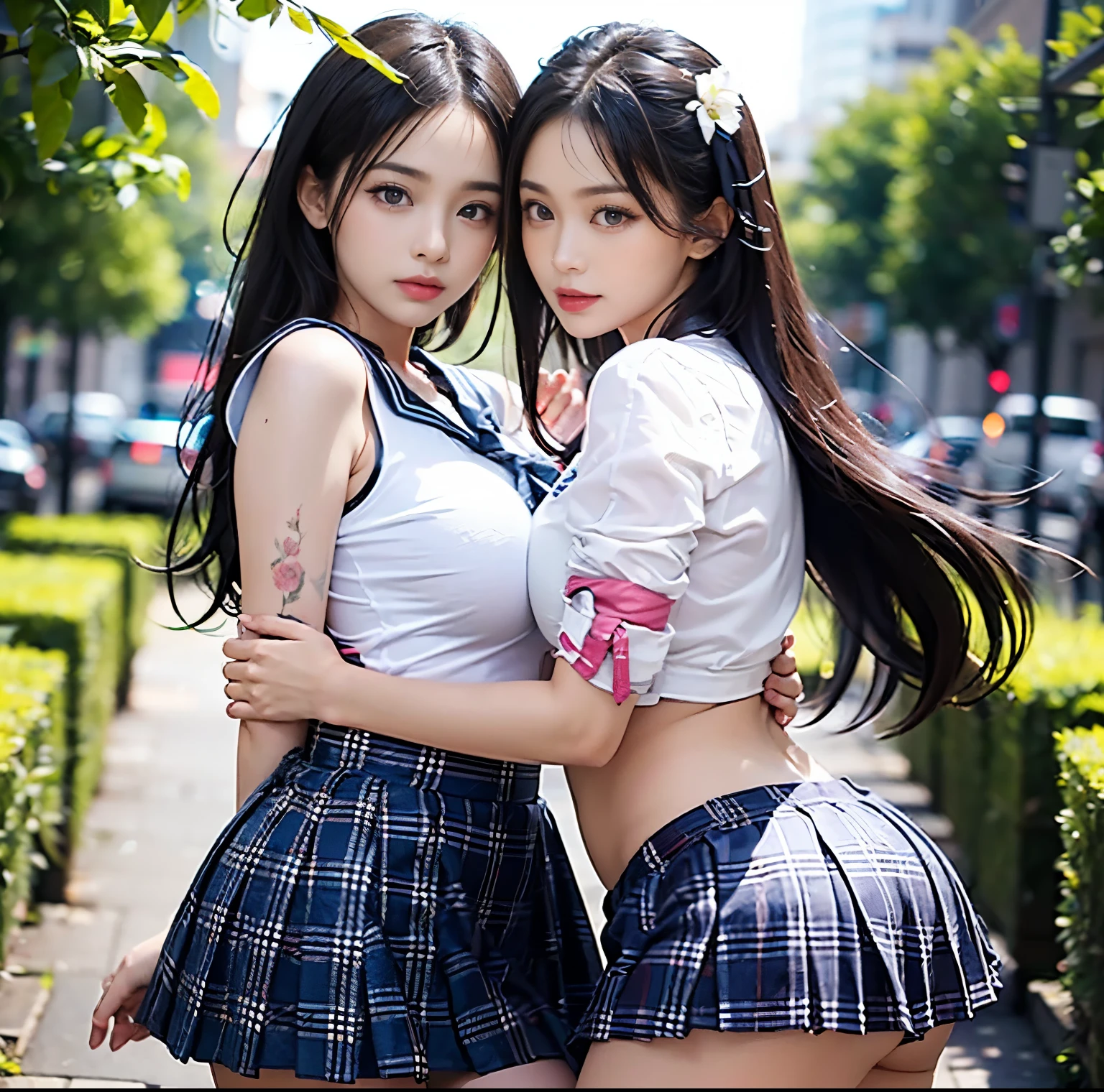 ulzzang-6500-v1.1, (quality, masterectionpiece), (RAW photogr: 1.2), (realisticlying: 1.4), Best quality at best, masterection, Very tasty and pretty, highly detailed CG, 8k wallpaper, Stunning fine details, masterection masterectionpiece, offcial art, The file size is huge, A high resolution, 2-3 girls, (Characters are closely adjacent to each other，no separation ), (no damage), Teens to thirties, (Anatomically accurate representation of the human body), Complicated details, (Wearing Japanese schoolgirl uniform with short skirt and long skirt), ( white shirt and super mini navy blue plaid pleated skirt), (Navy pleated miniskirt paired with sailor suit in smooth white bodysuit), (White all tied up), blond hairbl, ((Very reasts)), (very big woman), (pubic hair very large),(Crowded and exhausted),(you can see your butt through your clothes), (Skinny Thighs), verybeautifuleyes, bright ultramarine eyes, (Detailed pupils reflect light), ( The eye&#39;s iris is drawn in fine radial pattern detail), (The iris of the eye does not draw a border line), (The expression of the whites of the eyes is a bit dark), (Top 30% Eyes have shadows), Natural eyeshadow, Suppose there is a light source，Realistic shadows on the body, Cute girls and mature beauty, Whitening Skin, a baby face, (stand posture), Be red in the face，Very troubled or smiling expression, many games, (skirt up), Visible nipple, Long hair is partially braided, Hug and Cheek with the person next to you, take hand, palm and stare at subject&#39;s cheek, (Cover your chest hard), NSFW, Beautiful gardens and flowers, Clear sunshine,